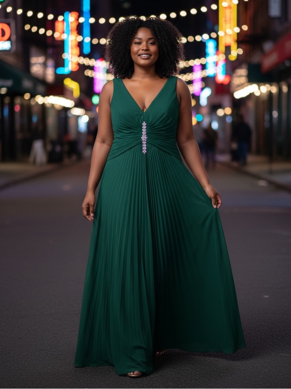 Emerald Green V-Neck Maxi Dress with Crystal Detail